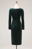 Pencil Velvet Long Sleeve Dark Green Work Dress