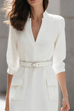 V-Neck Pencil Ivory Work Dress With Belt