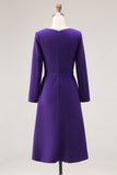 Long Sleeve Dark Purple Sheath Midi Work Dress With Slit