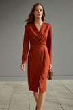 V-Neck Long Sleeve Pencil Terracotta Work Dress With Slit