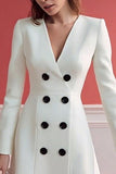 Satin A-Line V-Neck Ivory Double Breasted Work Dress With Long Sleeves
