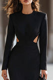 Black Pencil Cut-Out Long Sleeve Work Dress With Slit