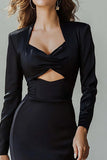 Black Long Sleeve Pencil Cut-Out Work Dress With Slit