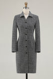 Dark Grey Tweed Pencil Business Casual Dress with Long Sleeves