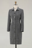 Dark Grey Tweed Pencil Business Casual Dress with Long Sleeves