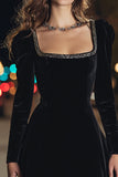 Black Long Sleeve Square Neck Velvet Cocktail Dress with Beading