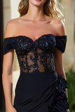Off The Shoulder Black Bodycon Cocktail Dress With Appliques