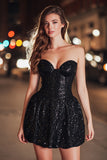 Sweetheart A-Line Black Sequin Mini Cocktail Dress