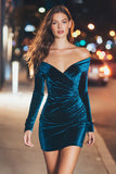 Peacock Blue Velvet Off The Shoulder Mini Cocktail Dress