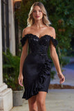 Off The Shoulder Appliqued Tight Black Cocktail Dress with Ruffles