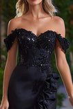 Off The Shoulder Appliqued Tight Black Cocktail Dress with Ruffles
