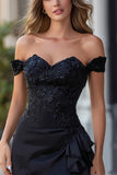 Off The Shoulder Appliqued Black Bodycon Cocktail Dress with Sash