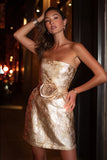 Champagne Bodycon Strapless Cocktail Dress With 3D Flower