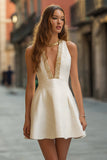 Ivory A-Line V-Neck Mini Cocktail Dress