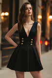 Balck Double-Breasted A-Line Mini Cocktail Dress