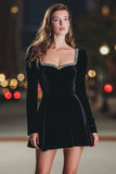 Black A-Line Long Sleeve Velvet Cocktail Dress With Beading