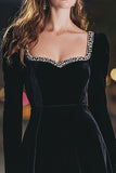 Black A-Line Long Sleeve Velvet Cocktail Dress With Beading