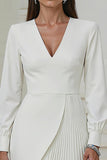 Ivory V-Neck Long Sleeve Pleated A-Line Work Dress