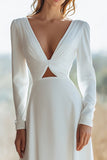 Cut-Out V-Neck Long Sleeve A-Line Ivory Engagement Dress