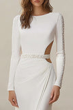 Sheath Long Sleeve Beaded Ivory Wedding Dress