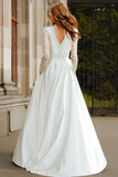 Ivory A-Line V-Neck Long Sleeve Wedding Dress With Lace