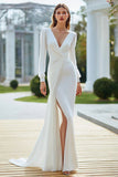 Mermaid V-Neck Sweep Train Long Sleeve Ivory Engagement Dress With Slit