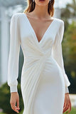 Mermaid V-Neck Sweep Train Long Sleeve Ivory Engagement Dress With Slit