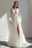 V-Neck Ivory A-Line Slit Long Sleeve Wedding Dress With Lace