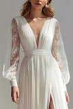 V-Neck Ivory A-Line Slit Long Sleeve Wedding Dress With Lace