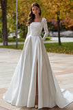 Ivory A-Line Square Neck Satin Lace Long Sleeve Wedding Dress With Slit