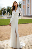 Sheath V-Neck Ruched Long Sleeve Ivory Engagement Dress With Slit