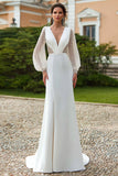 Ivory V-Neck Long Sleeve Wedding Dress With Sequins