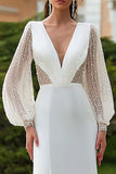 Ivory V-Neck Long Sleeve Wedding Dress With Sequins