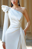 One Shoulder A-Line Ivory Wedding Dress With Slit