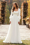 Ivory A-Line Square Neck Long Sleeve Wedding Dress