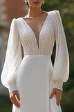 Ivory Sequin A-Line V-Neck Wedding Dress With Slit