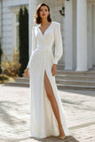 V-Neck Ivory Long Sleeve Sheath Engagement Dress With Slit