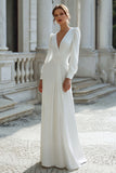 Ruched V-Neck Ivory Engagement Dress With Long Sleeves