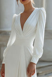 Ruched V-Neck Ivory Engagement Dress With Long Sleeves