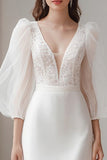 Ivory Bodycon V-Neck Satin Short Engagement Dress With Long Sleeves