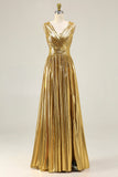 Gold A-Line V-Neck Pleated Formal Dress With Slit