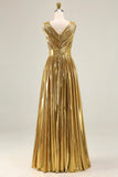 Metallic Gold Pleated A-Line V-Neck Formal Dress With Slit