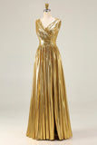 Metallic Gold Pleated A-Line V-Neck Formal Dress With Slit