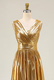 Metallic Gold Pleated A-Line V-Neck Formal Dress With Slit