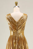 Metallic Gold Pleated A-Line V-Neck Formal Dress With Slit