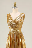 Metallic Gold Pleated A-Line V-Neck Formal Dress With Slit