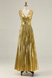 Metallic Gold A-Line Pleated V-Neck Prom Dress