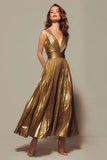 Pleated A-Line Gold Tea Length Formal Dress
