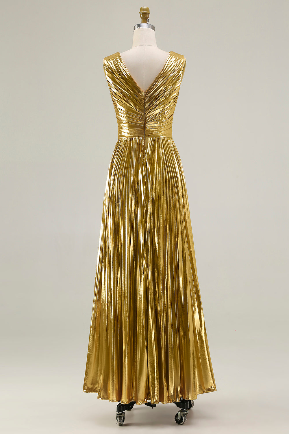 Berylove Women Metallic Gold Prom Dress A-Line Pleated V-Neck Maxi Party Dress, Gold / US24W Berylove Women Metallic Gold Prom Dress A-Line Pleated V-Neck Maxi Party Dress, Gold / US24W