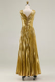 Metallic Gold A-Line Pleated V-Neck Prom Dress